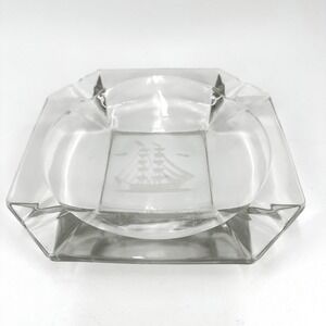 Vintage Clear Glass Octagon Dish Ashytray with Etched Sailing Ship - Mid-Century